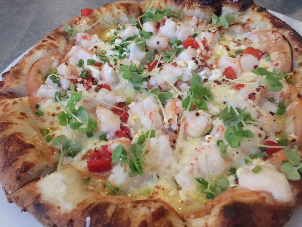 Atria Restaurant New Pizza Bar: Prawns, Leeks, Peppers, Goat, Cheese, and Basil Martha's Vineyard Pizza