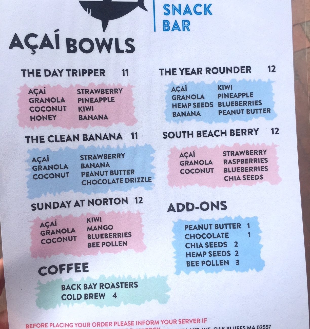 Breakfast Açai Bowls Nancy's Restaurant Oak Bluffs Breakfast