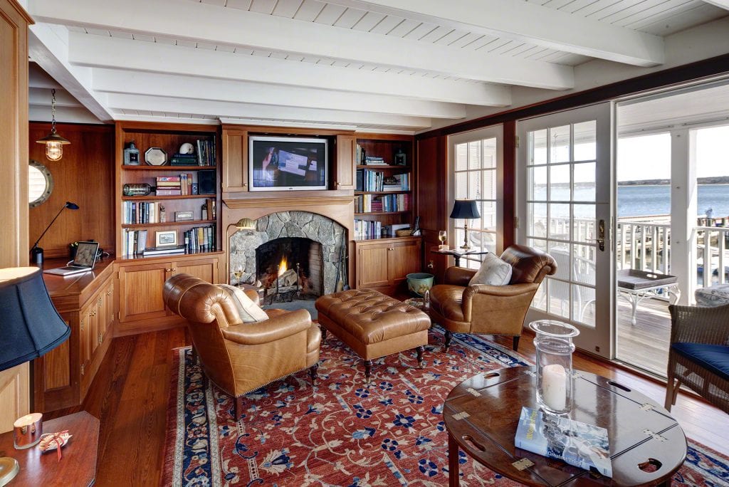 The Ferry House Study Has Work Area, Fireplace And French Doors That Open To A Wraparound Covered Porch 4 Morse Street Edgartown MA 02539 Martha's Vineyard Luxury Compound For Sale With Edgartown Harbor Water Views