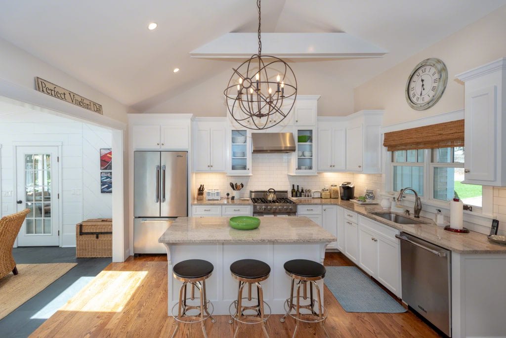 Chef Kitchen Vaulted Ceiling Center Prep Island 63 Herring Creek Road Edgartown MA 02539 Martha's Vineyard Katama Farmhouse Fro Sale