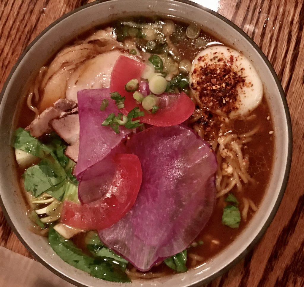 Noodle Night Woods Restaurant Lambert's Cove Inn - The Ramen had Chashu (braised pork belly), soft boiled egg, radishes, chef's veggies, and a side of veggies