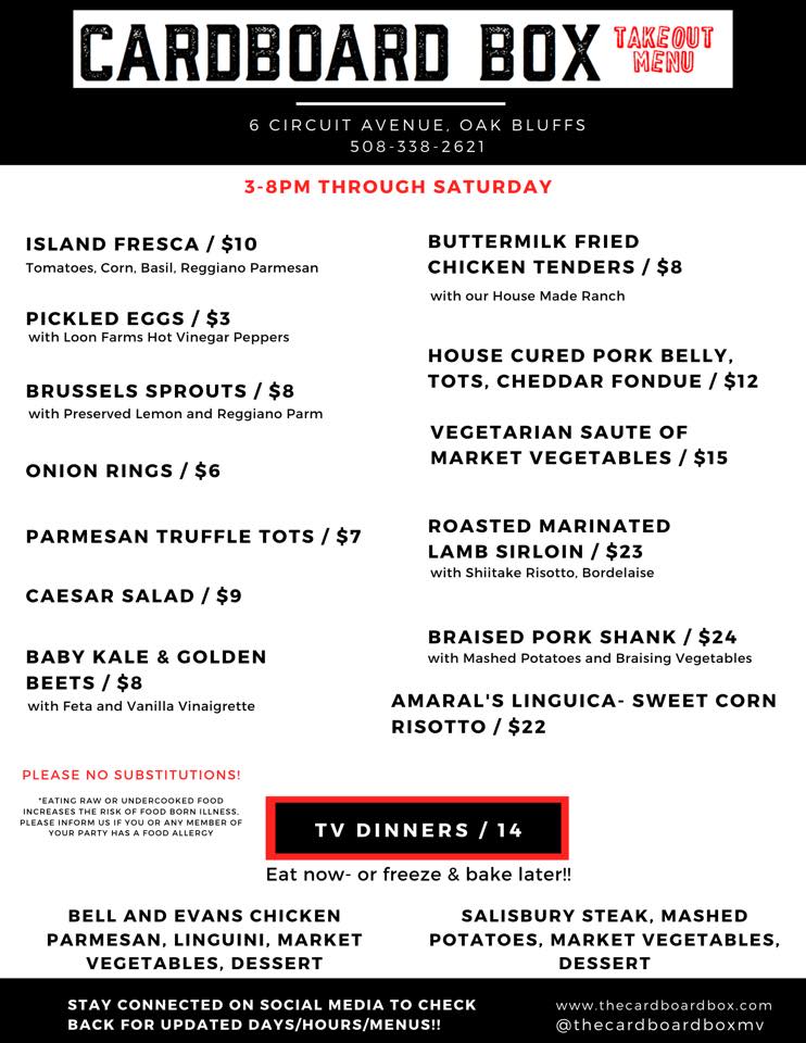 Takeout Options On Martha's Vineyard During The Pandemic: Cardboard Box Restaurant Takeout Menu