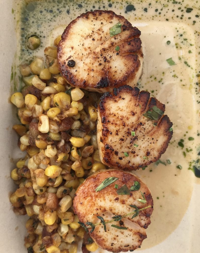 Bettini Restaurant Takeout Seared Local Diver Scallops Enjoyed On Lighthouse Beach Martha's Vineyard