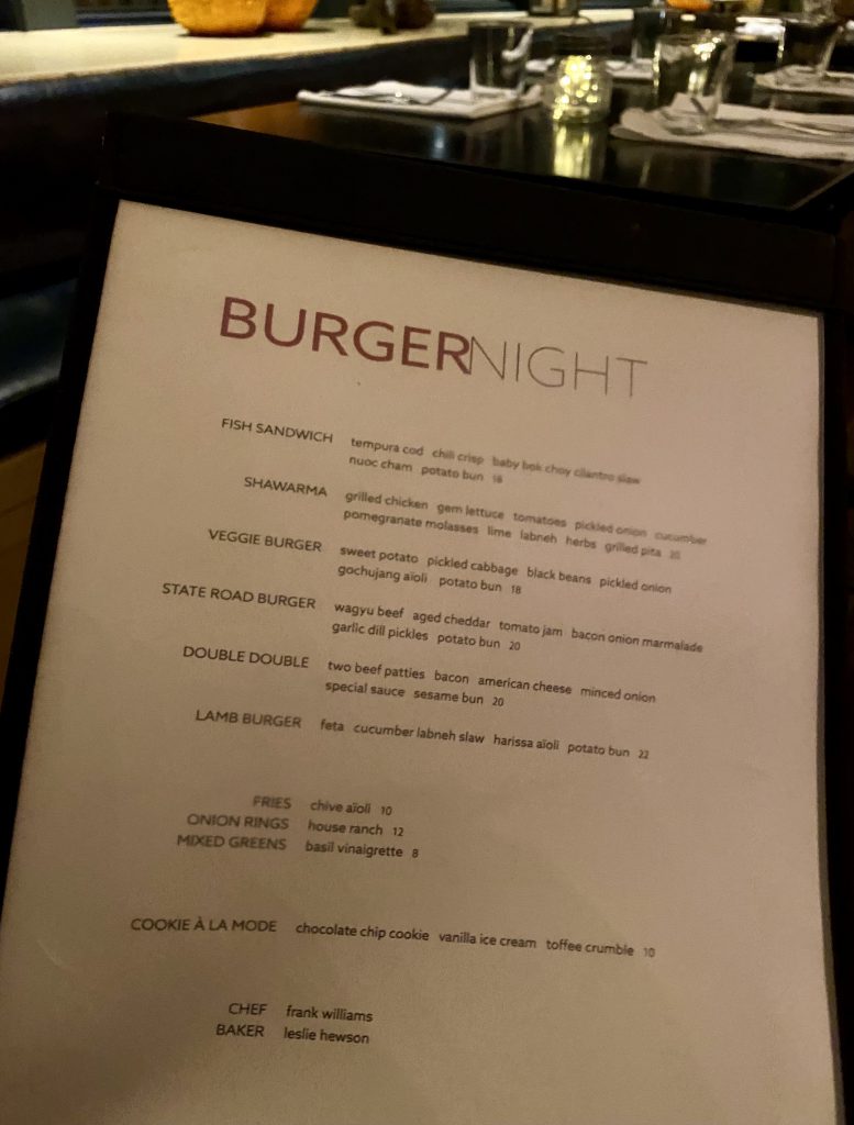 Burger Night At Beach Road Restaurant On Martha's Vineyard Burger menu
Burger Night 
Beach Road Restaurant
off season dining
Martha's Vineyard 
Vineyard Haven
Tisbury